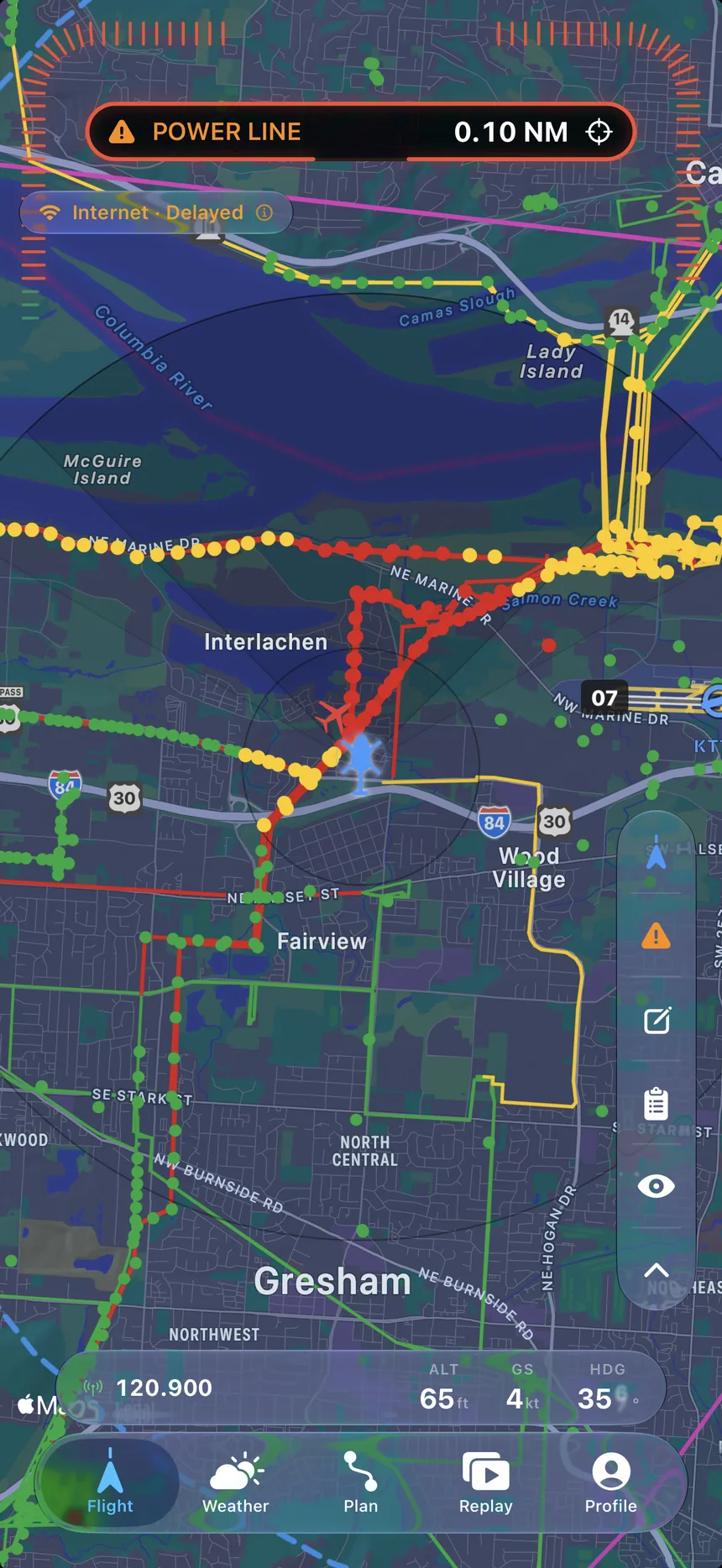 The Soar moving map: a dark chart dense with colour-coded obstacle and power-line spans.