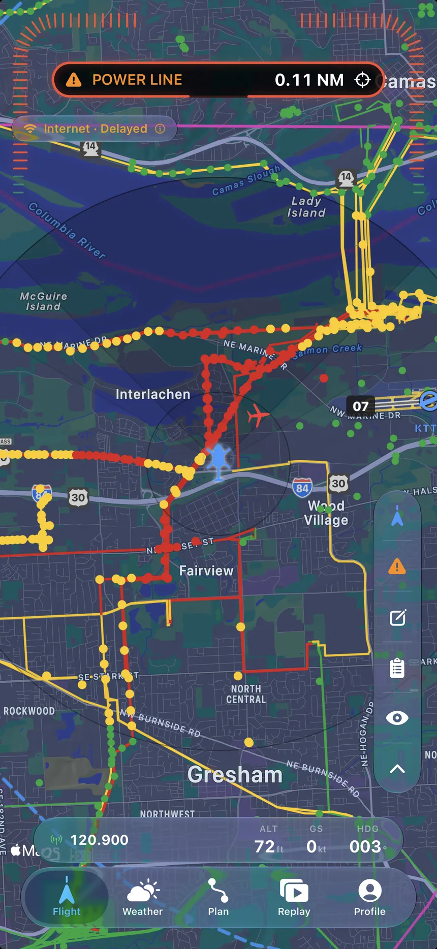 A live POWER LINE alert on the Soar map, with the threatening span highlighted.