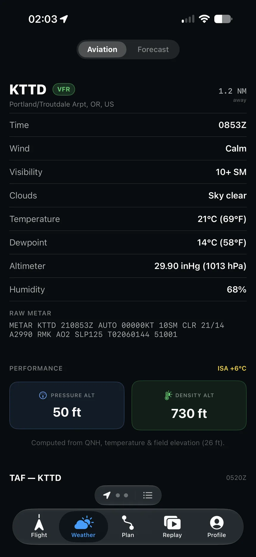 The Soar weather tab showing station reports and forecast conditions.