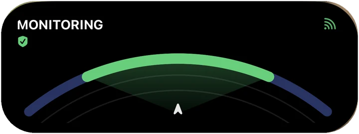Soar's Dynamic Island widget monitoring quietly: a green arc, nothing ahead.