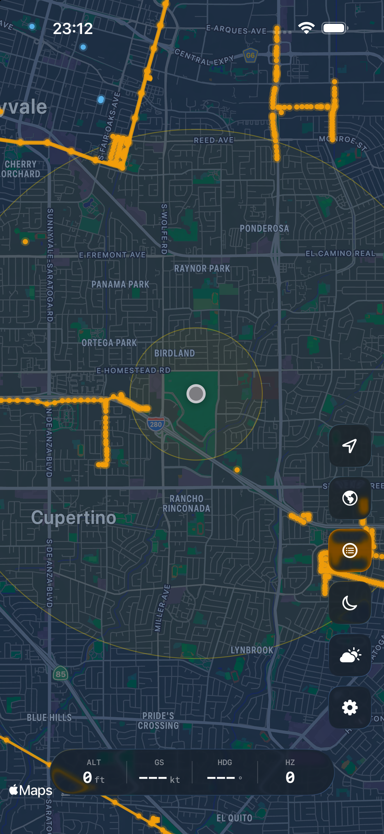 HeliHazard live hazard map showing power lines and obstacles around Cupertino